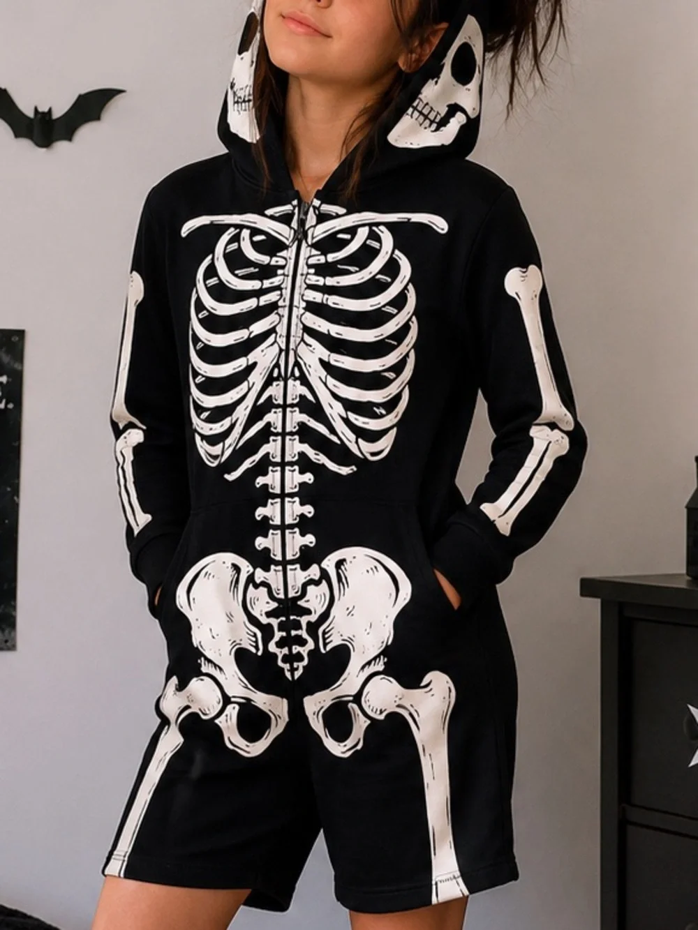 H&M Kids 10-12 Skeleton Romper Hoodie Black Full Zip Halloween Goth Costume
